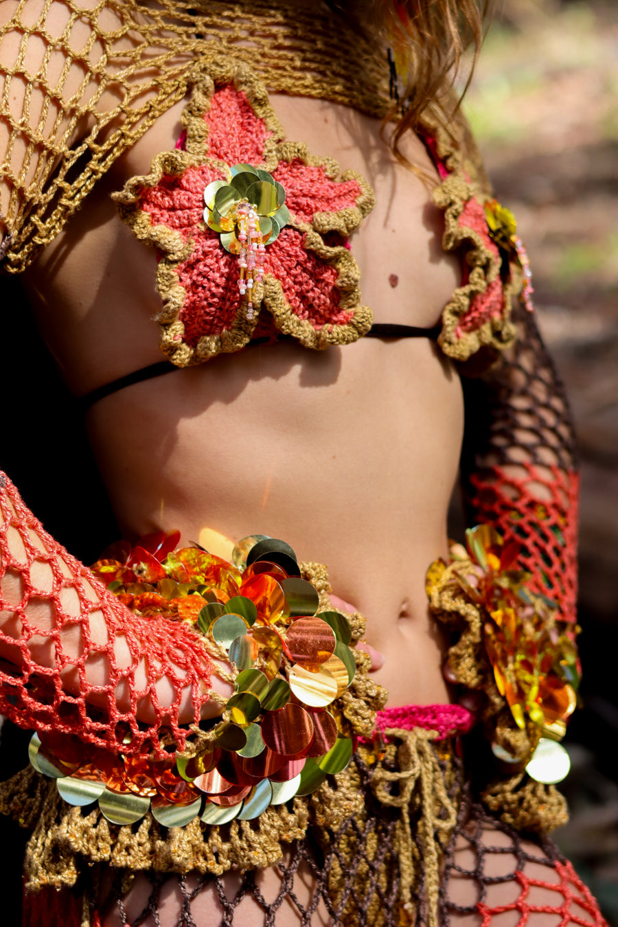 Hibiscus Nights - 4 Piece Crochet Bikini, Shrug & Skirt Set