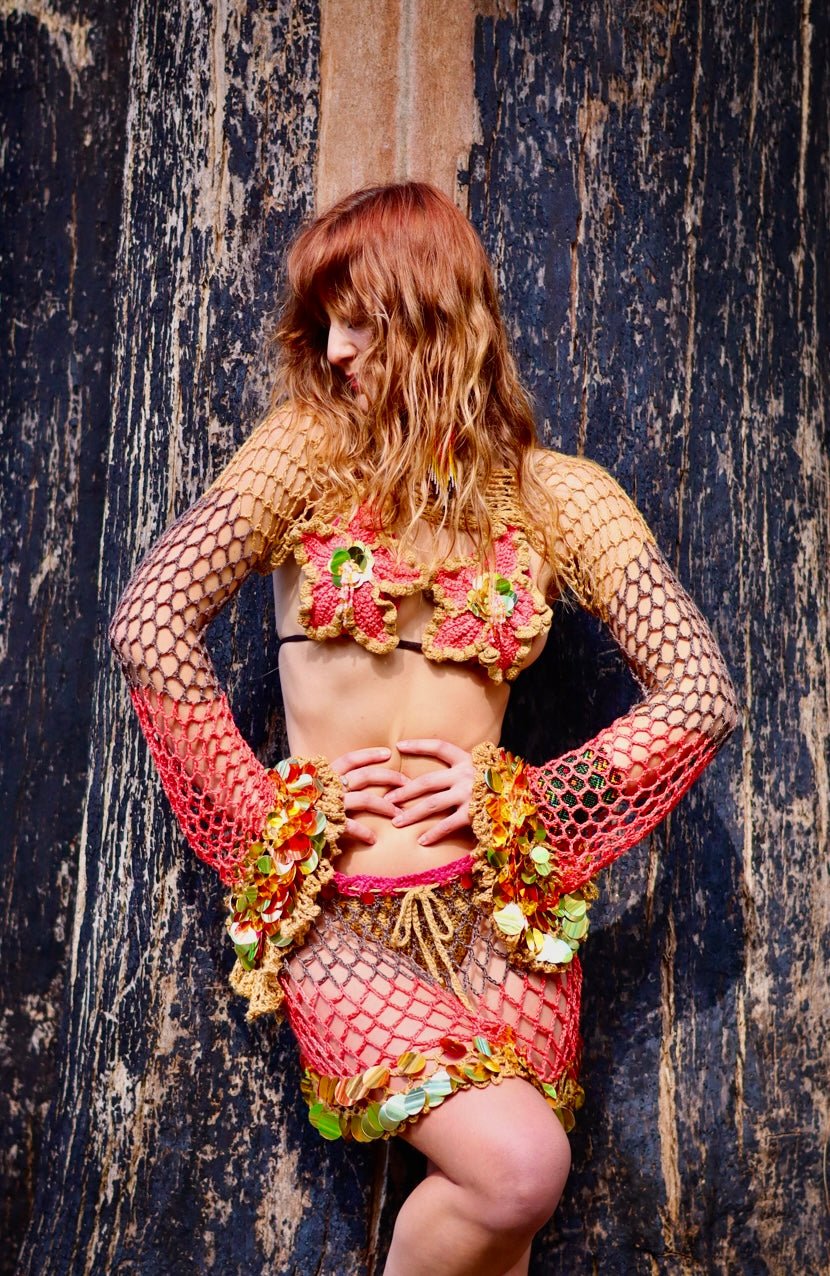 Hibiscus Nights - 4 Piece Crochet Bikini, Shrug & Skirt Set - HippyFish