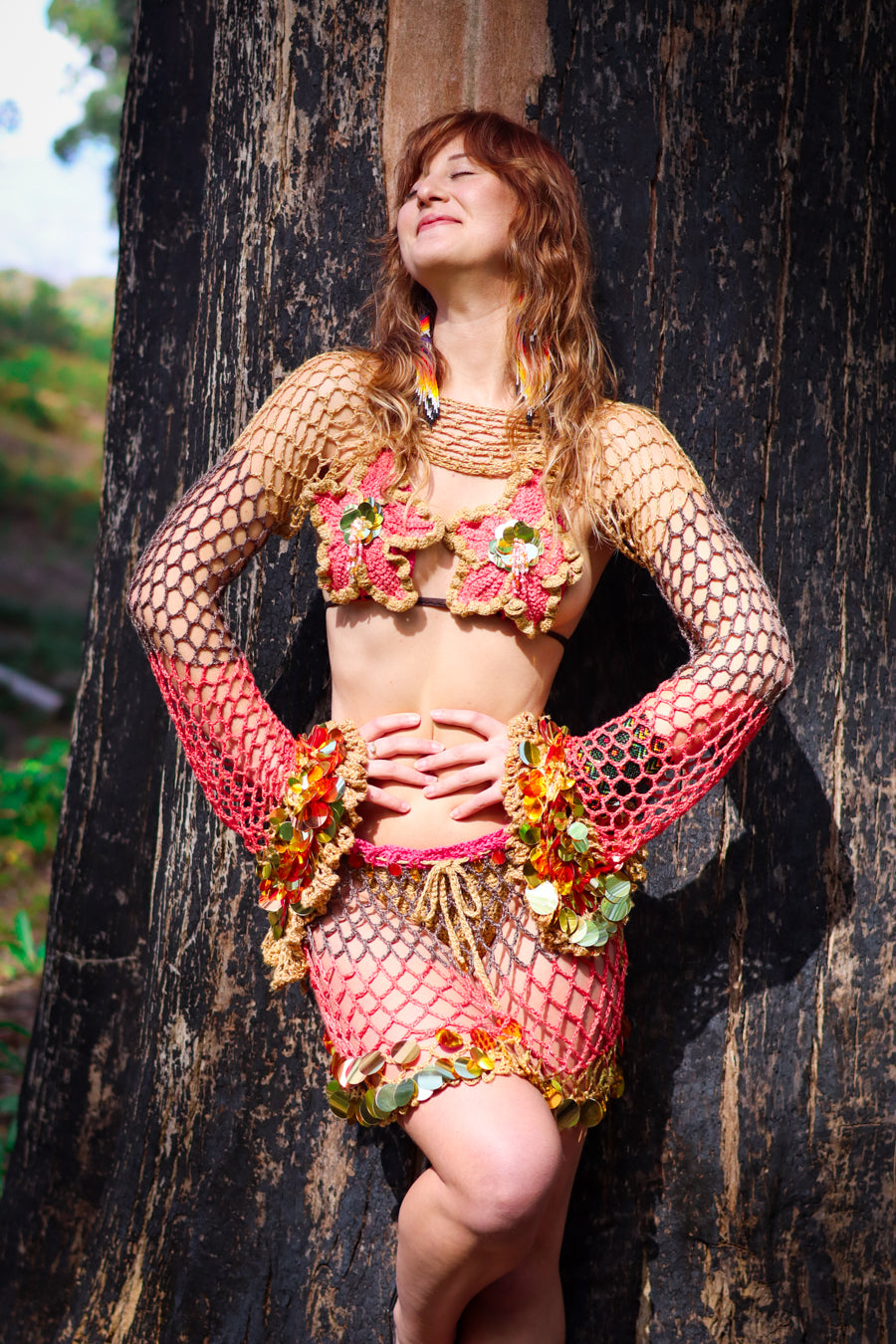 Hibiscus Nights - 4 Piece Crochet Bikini, Shrug & Skirt Set